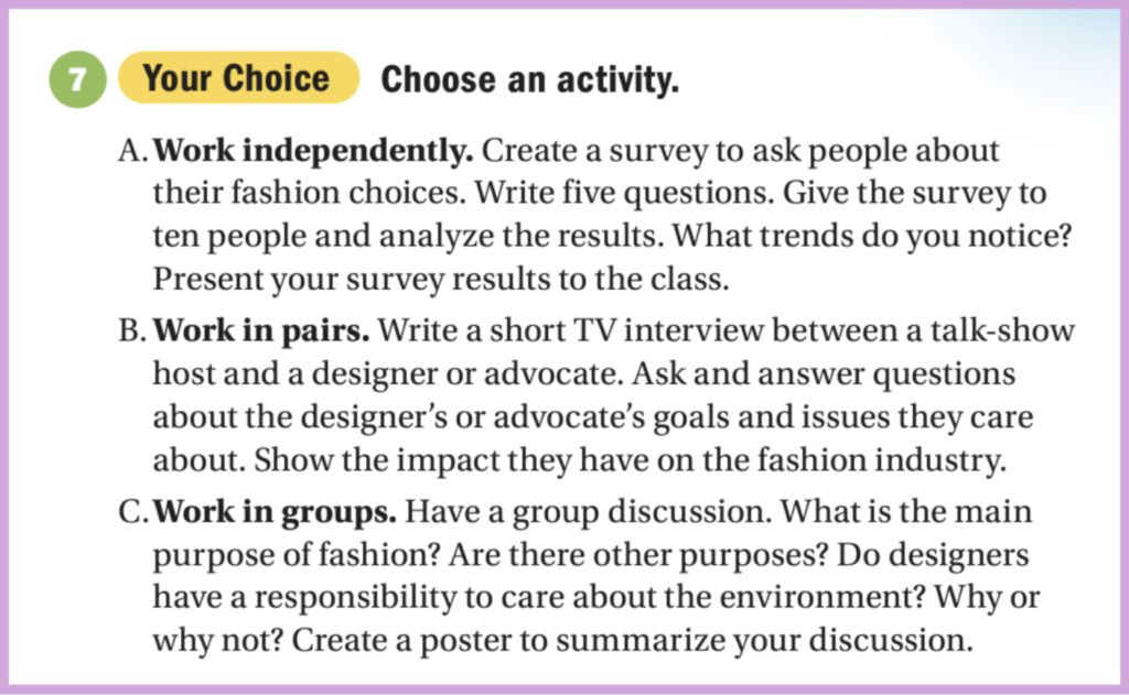 A student choice activity from Impact, Second Edition that promotes learner autonomy.